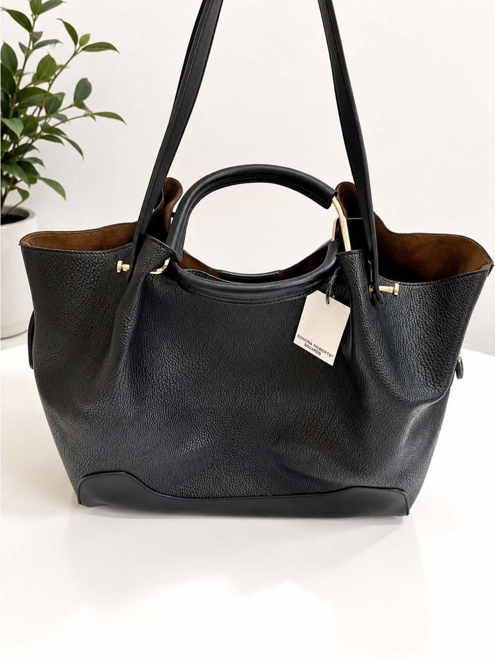 NWT Sondra Roberts Black Leather Shoulder Tote—14”—with Gold Accents